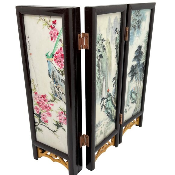 Vintage Chinese Folding Mini Screen With Hand-Painted Stone Panels Landscape Woo - Picture 3 of 9